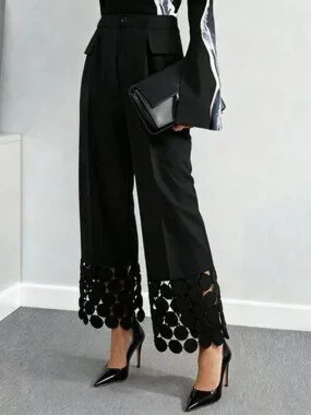 Black Elegant Women's Pants With Lace Hem And Polka Dot Design